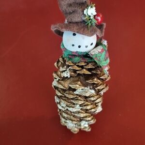 Vintage Handmade Hand Painted Snowman Pinecone Christmas Tree Ornament
